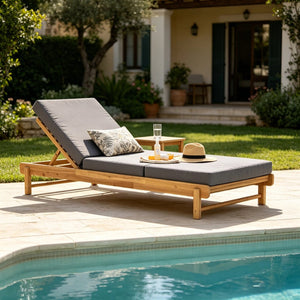 English Elm Light Teak Acacia Wood Outdoor Chaise Lounge with Cushion Patio Poolside Lounger Dark Grey N770P455482L_N770P208326G
