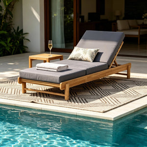 English Elm Light Teak Acacia Wood Outdoor Chaise Lounge with Cushion Patio Poolside Lounger Dark Grey N770P455482L_N770P208326G