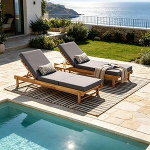 English Elm Light Teak Acacia Wood Outdoor Chaise Lounge with Cushion Patio Poolside Lounger Dark Grey N770P455482L_N770P208326G