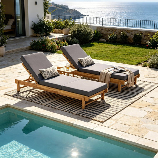 English Elm Light Teak Acacia Wood Outdoor Chaise Lounge with Cushion Patio Poolside Lounger Dark Grey N770P455482L_N770P208326G