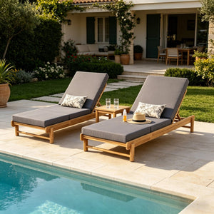 English Elm Light Teak Acacia Wood Outdoor Chaise Lounge with Cushion Patio Poolside Lounger Dark Grey N770P455482L_N770P208326G