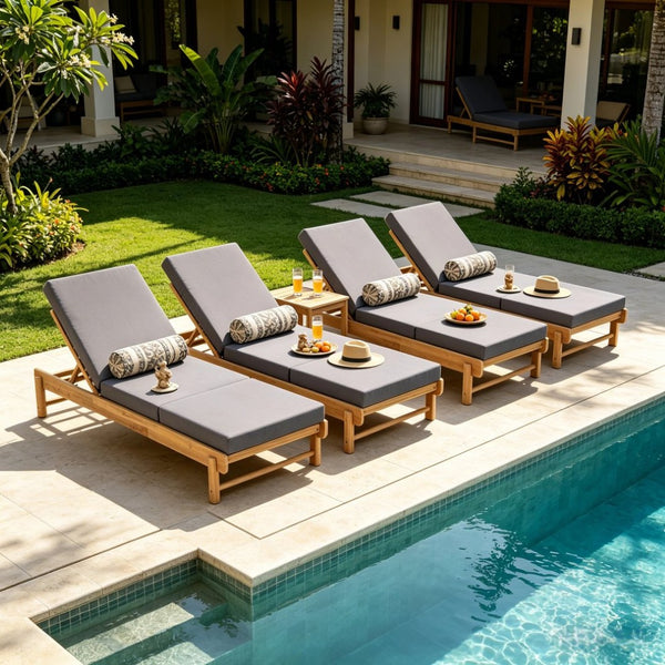 English Elm Light Teak Acacia Wood Outdoor Chaise Lounge with Cushion Patio Poolside Lounger Dark Grey N770P455482L_N770P208326G