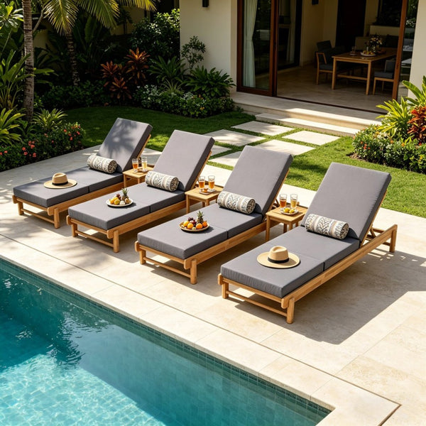 English Elm Light Teak Acacia Wood Outdoor Chaise Lounge with Cushion Patio Poolside Lounger Dark Grey N770P455482L_N770P208326G