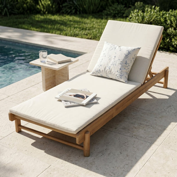 English Elm Light Teak Acacia Wood Outdoor Chaise Lounge with Adjustable Backrest Poolside Cream N770P455482L_N770P253018C