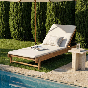 English Elm Light Teak Acacia Wood Outdoor Chaise Lounge with Adjustable Backrest Poolside Cream N770P455482L_N770P253018C