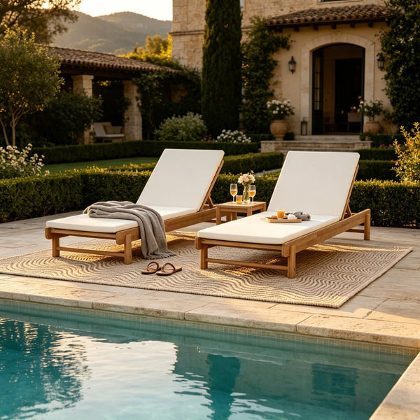 English Elm Light Teak Acacia Wood Outdoor Chaise Lounge with Adjustable Backrest Poolside Cream N770P455482L_N770P253018C