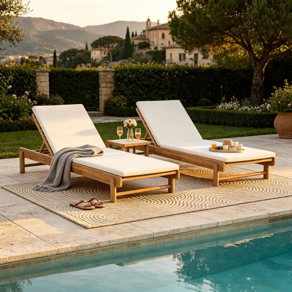 English Elm Light Teak Acacia Wood Outdoor Chaise Lounge with Adjustable Backrest Poolside Cream N770P455482L_N770P253018C