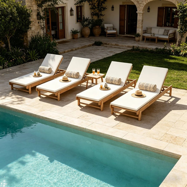 English Elm Light Teak Acacia Wood Outdoor Chaise Lounge with Adjustable Backrest Poolside Cream N770P455482L_N770P253018C
