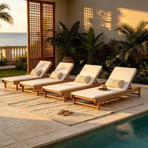 English Elm Light Teak Acacia Wood Outdoor Chaise Lounge with Adjustable Backrest Poolside Cream N770P455482L_N770P253018C