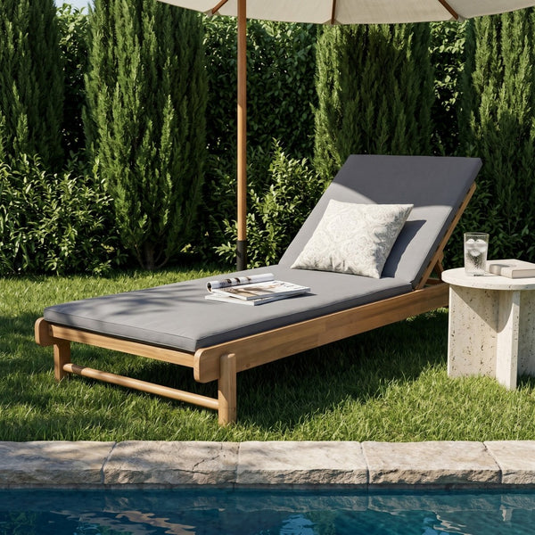 English Elm Light Teak Acacia Wood Outdoor Chaise Lounge with Adjustable Backrest Poolside Dark Grey N770P455482L_N770P253018G