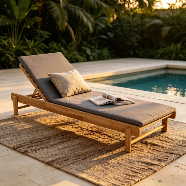 English Elm Light Teak Acacia Wood Outdoor Chaise Lounge with Adjustable Backrest Poolside Dark Grey N770P455482L_N770P253018G