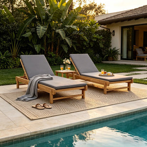 English Elm Light Teak Acacia Wood Outdoor Chaise Lounge with Adjustable Backrest Poolside Dark Grey N770P455482L_N770P253018G