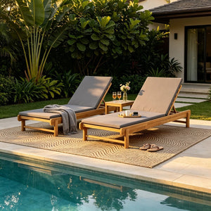 English Elm Light Teak Acacia Wood Outdoor Chaise Lounge with Adjustable Backrest Poolside Dark Grey N770P455482L_N770P253018G