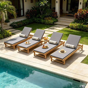English Elm Light Teak Acacia Wood Outdoor Chaise Lounge with Adjustable Backrest Poolside Dark Grey N770P455482L_N770P253018G