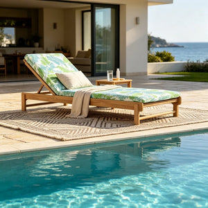 English Elm Light Teak Acacia Wood Outdoor Chaise Lounge with Adjustable Backrest Poolside Leaf Coconut N770P455482L_N770P253018L