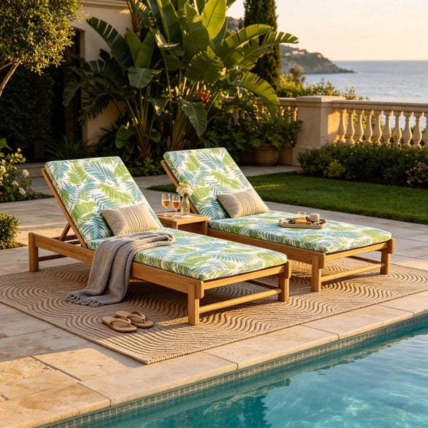 English Elm Light Teak Acacia Wood Outdoor Chaise Lounge with Adjustable Backrest Poolside Leaf Coconut N770P455482L_N770P253018L