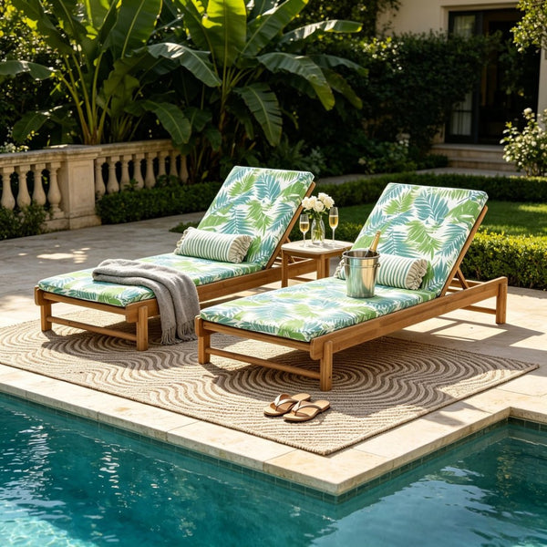 English Elm Light Teak Acacia Wood Outdoor Chaise Lounge with Adjustable Backrest Poolside Leaf Coconut N770P455482L_N770P253018L