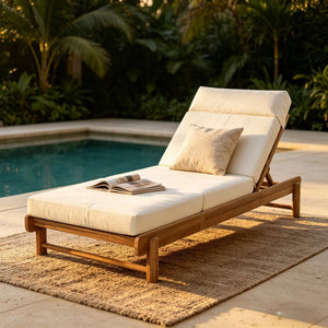 English Elm Light Teak Acacia Wood Outdoor Chaise Lounge with Adjustable Backrest and Headrest Beige N770P455482L_N770P285267B