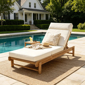 English Elm Light Teak Acacia Wood Outdoor Chaise Lounge with Adjustable Backrest and Headrest Beige N770P455482L_N770P285267B