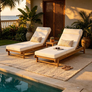 English Elm Light Teak Acacia Wood Outdoor Chaise Lounge with Adjustable Backrest and Headrest Beige N770P455482L_N770P285267B
