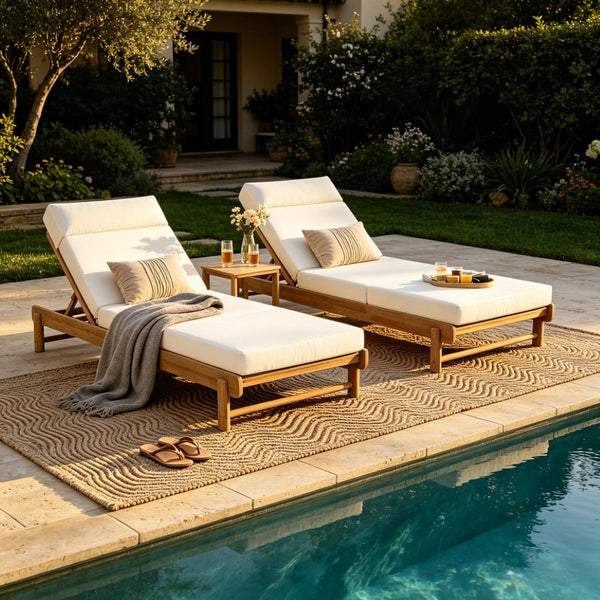 English Elm Light Teak Acacia Wood Outdoor Chaise Lounge with Adjustable Backrest and Headrest Beige N770P455482L_N770P285267B