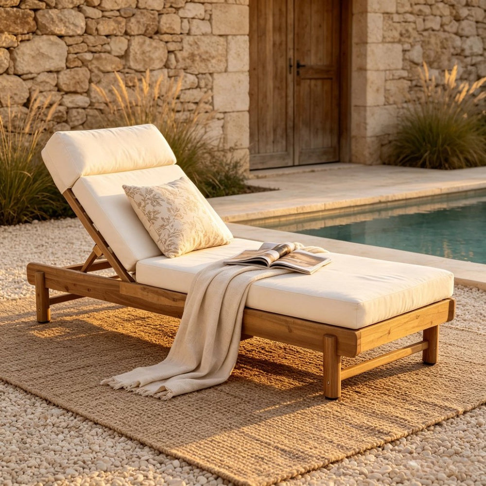 English Elm Light Teak Acacia Wood Outdoor Chaise Lounge with Adjustable Backrest and Headrest Cream N770P455482L_N770P285267C