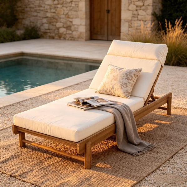 English Elm Light Teak Acacia Wood Outdoor Chaise Lounge with Adjustable Backrest and Headrest Cream N770P455482L_N770P285267C
