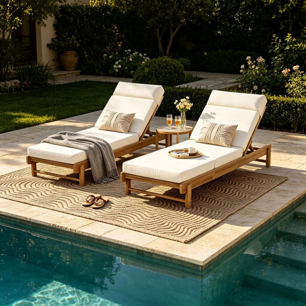 English Elm Light Teak Acacia Wood Outdoor Chaise Lounge with Adjustable Backrest and Headrest Cream N770P455482L_N770P285267C