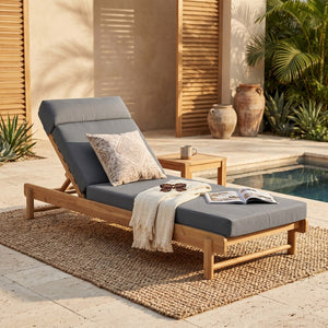 English Elm Light Teak Acacia Wood Outdoor Chaise Lounge with Adjustable Backrest and Headrest Dark Grey N770P455482L_N770P285267G