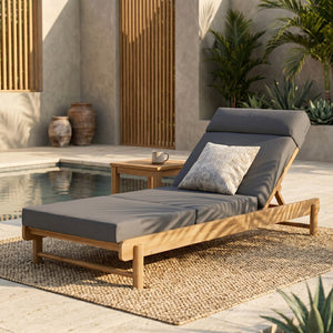 English Elm Light Teak Acacia Wood Outdoor Chaise Lounge with Adjustable Backrest and Headrest Dark Grey N770P455482L_N770P285267G