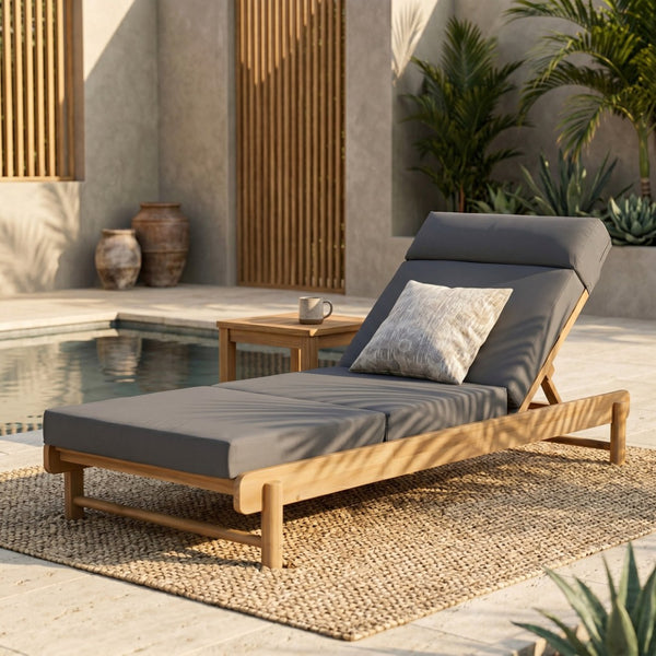 English Elm Light Teak Acacia Wood Outdoor Chaise Lounge with Adjustable Backrest and Headrest Dark Grey N770P455482L_N770P285267G