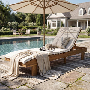 English Elm Black Iron Teak Patio Chaise Lounge with Adjustable Backrest and Thick Cushion Included Beige / Teak 76.97 L x 25.98 W x 36.81 H N770P464192T