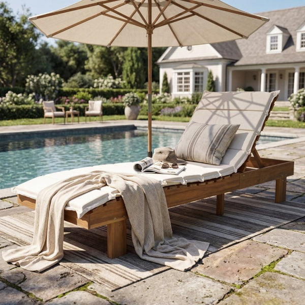 English Elm Black Iron Teak Patio Chaise Lounge with Adjustable Backrest and Thick Cushion Included Beige / Teak 76.97 L x 25.98 W x 36.81 H N770P464192T