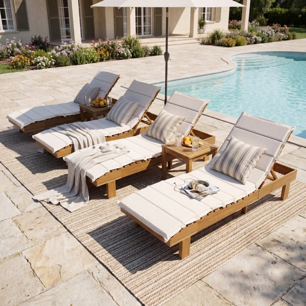 English Elm Black Iron Teak Patio Chaise Lounge with Adjustable Backrest and Thick Cushion Included Beige / Teak 76.97 L x 25.98 W x 36.81 H N770P464192T