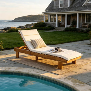 English Elm Black Iron Teak Patio Chaise Lounge with Adjustable Backrest and Thick Cushion Included Beige / Teak 76.97 L x 25.98 W x 36.81 H N770P464192T