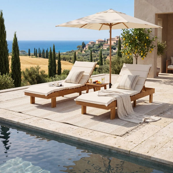 English Elm Black Iron Teak Patio Chaise Lounge with Adjustable Backrest and Thick Cushion Included Beige / Teak 76.97 L x 25.98 W x 36.81 H N770P464192T