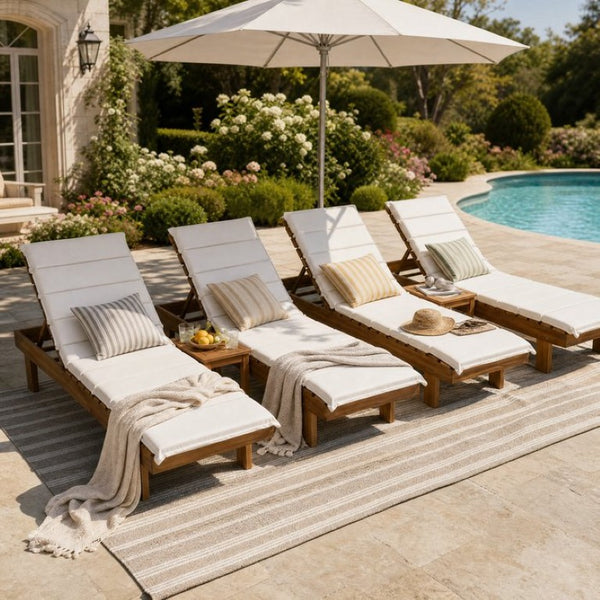 English Elm Black Iron Teak Patio Chaise Lounge with Adjustable Backrest and Thick Cushion Included Beige / Teak 76.97 L x 25.98 W x 36.81 H N770P464192T