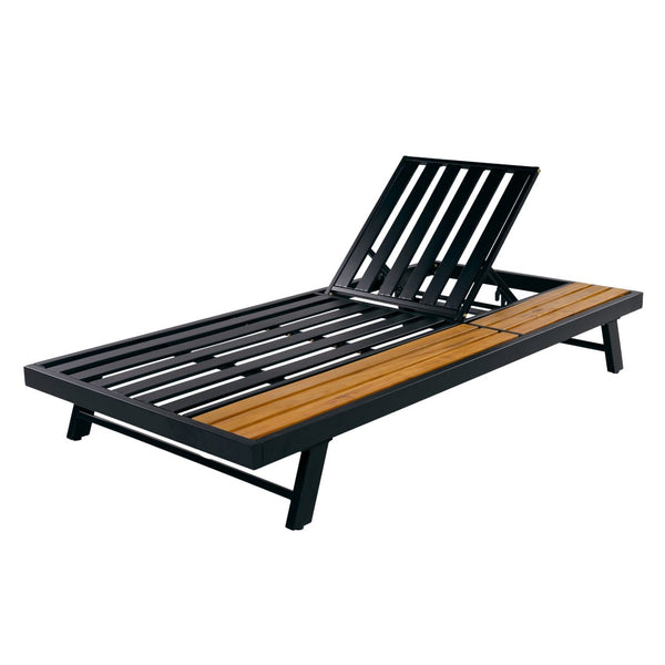 English Elm Black Iron Acacia Wood Outdoor Chaise Lounge with Adjustable Backrest and Built-In Side Shelf N770P469100B