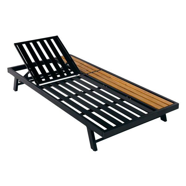 English Elm Black Iron Acacia Wood Outdoor Chaise Lounge with Adjustable Backrest and Built-In Side Shelf N770P469100B