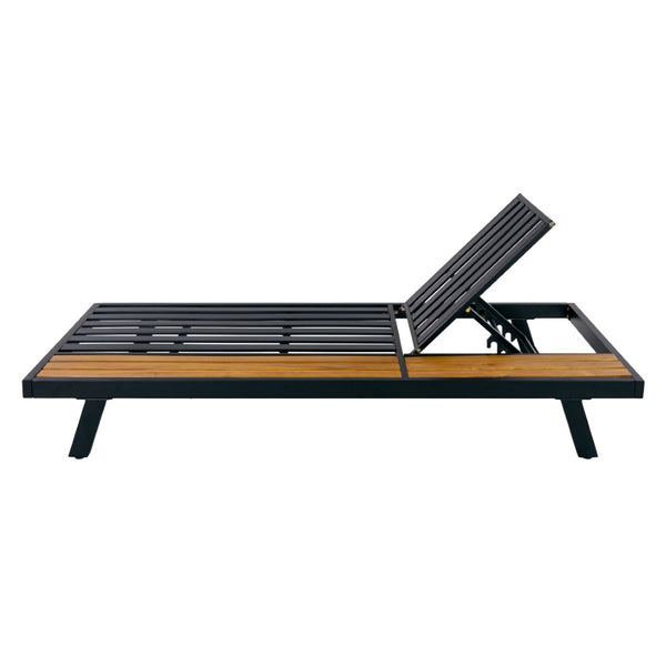 English Elm Black Iron Acacia Wood Outdoor Chaise Lounge with Adjustable Backrest and Built-In Side Shelf N770P469100B