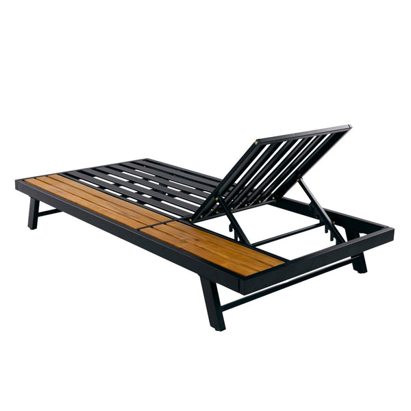 English Elm Black Iron Acacia Wood Outdoor Chaise Lounge with Adjustable Backrest and Built-In Side Shelf N770P469100B