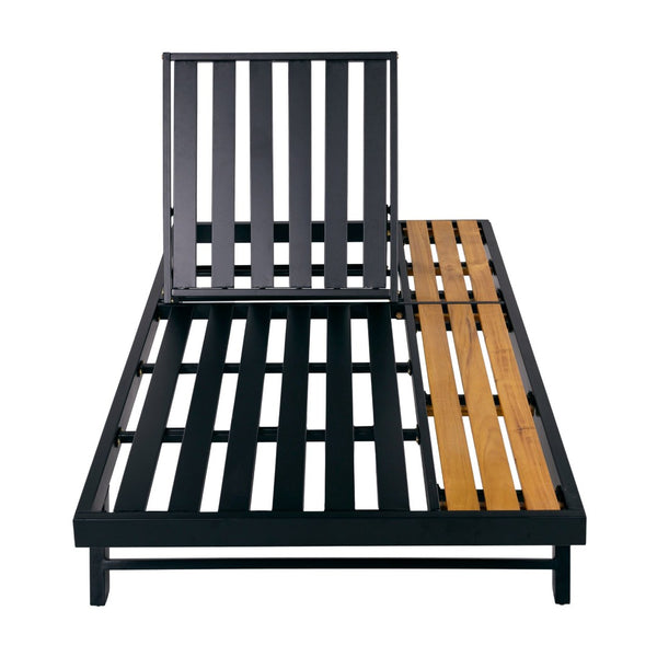 English Elm Black Iron Acacia Wood Outdoor Chaise Lounge with Adjustable Backrest and Built-In Side Shelf N770P469100B