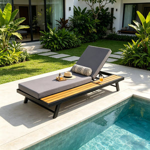 English Elm Black Iron and Teak Acacia Outdoor Chaise Lounge with Thick Cushion for Patio Pool N770P469100B_65429.00CUSHDGRY