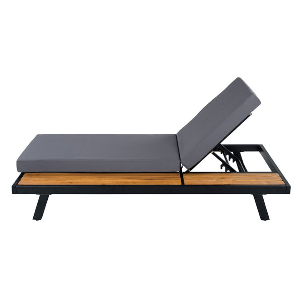 English Elm Black Iron and Teak Acacia Outdoor Chaise Lounge with Thick Cushion for Patio Pool N770P469100B_65429.00CUSHDGRY