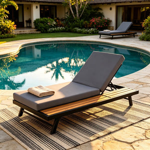 English Elm Black Iron and Teak Acacia Outdoor Chaise Lounge with Thick Cushion for Patio Pool N770P469100B_65429.00CUSHDGRY