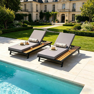 English Elm Black Iron and Teak Acacia Outdoor Chaise Lounge with Thick Cushion for Patio Pool N770P469100B_65429.00CUSHDGRY