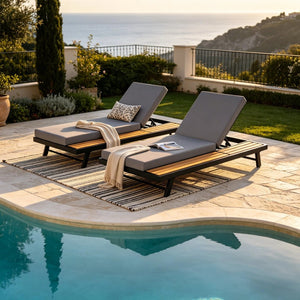 English Elm Black Iron and Teak Acacia Outdoor Chaise Lounge with Thick Cushion for Patio Pool N770P469100B_65429.00CUSHDGRY