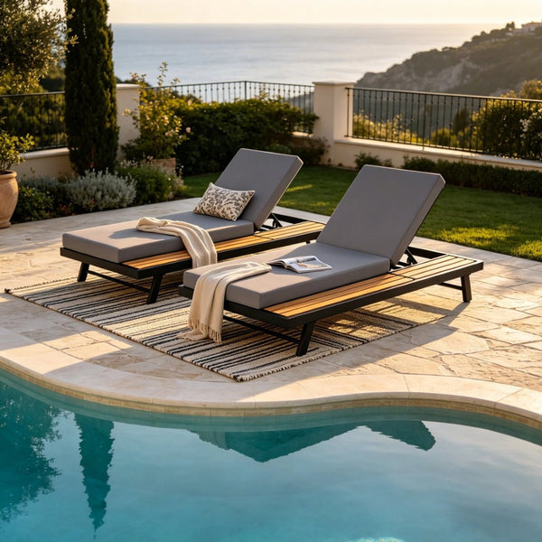 English Elm Black Iron and Teak Acacia Outdoor Chaise Lounge with Thick Cushion for Patio Pool N770P469100B_65429.00CUSHDGRY