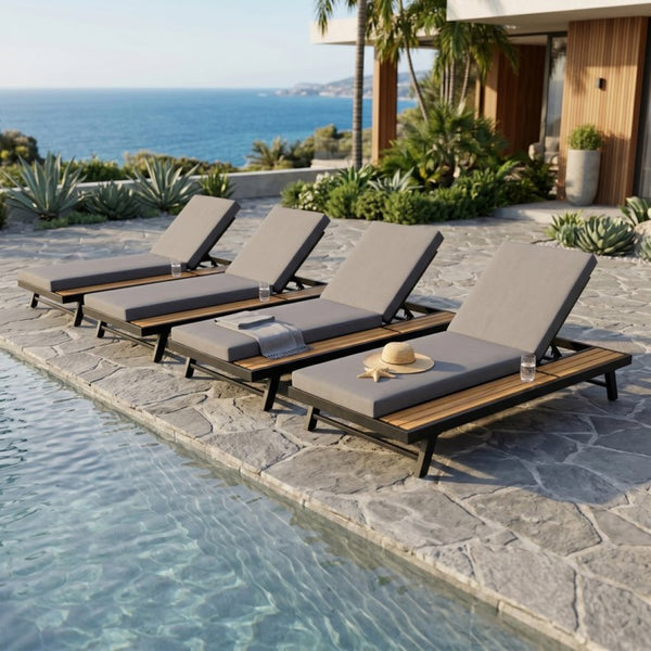English Elm Black Iron and Teak Acacia Outdoor Chaise Lounge with Thick Cushion for Patio Pool N770P469100B_65429.00CUSHDGRY
