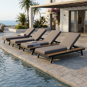 English Elm Black Iron and Teak Acacia Outdoor Chaise Lounge with Thick Cushion for Patio Pool N770P469100B_65429.00CUSHDGRY